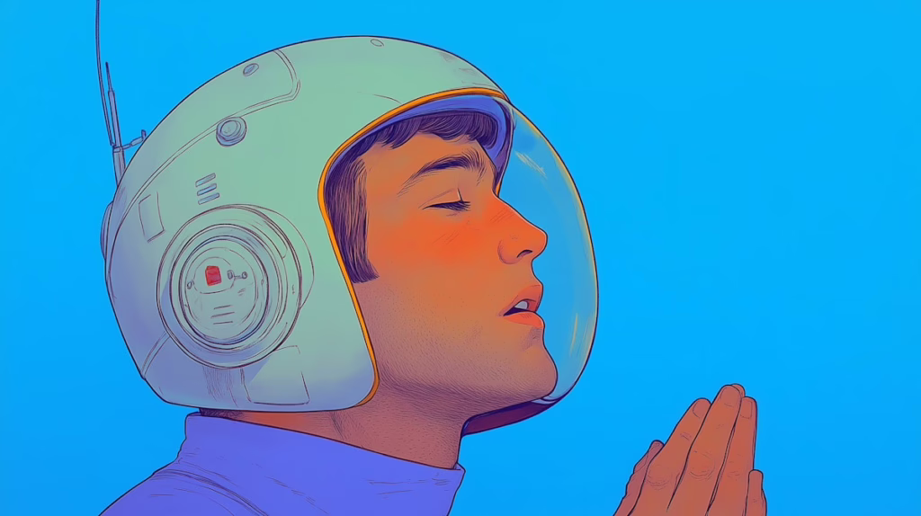 Contemplative Astronaut (1) Portrait of a person in a green-tinted astronaut helmet against a bright blue background, illustrating automated content generation for token and NFT launches