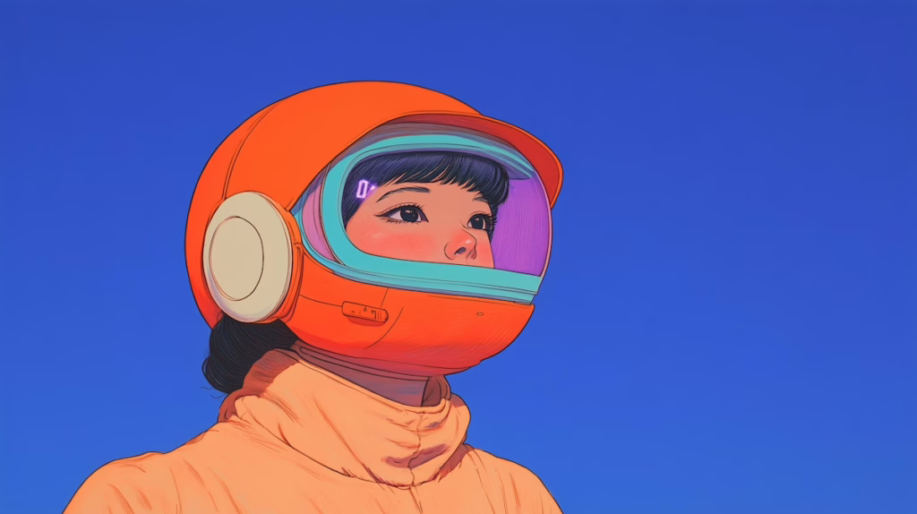 Futuristic Helmet Portrait (1) Portrait of a person wearing an orange astronaut helmet against a blue background, symbolizing community-driven branding in decentralized Web3 channels.