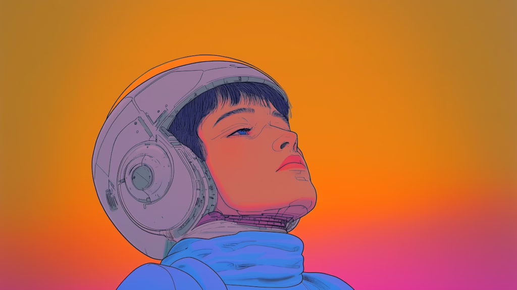 Futuristic Helmet Portrait Illustration of an astronaut in a blue-gray helmet against a yellow background, symbolizing data-driven Web3 growth marketing powered by on-chain and off-chain insights with Luminary Lane.