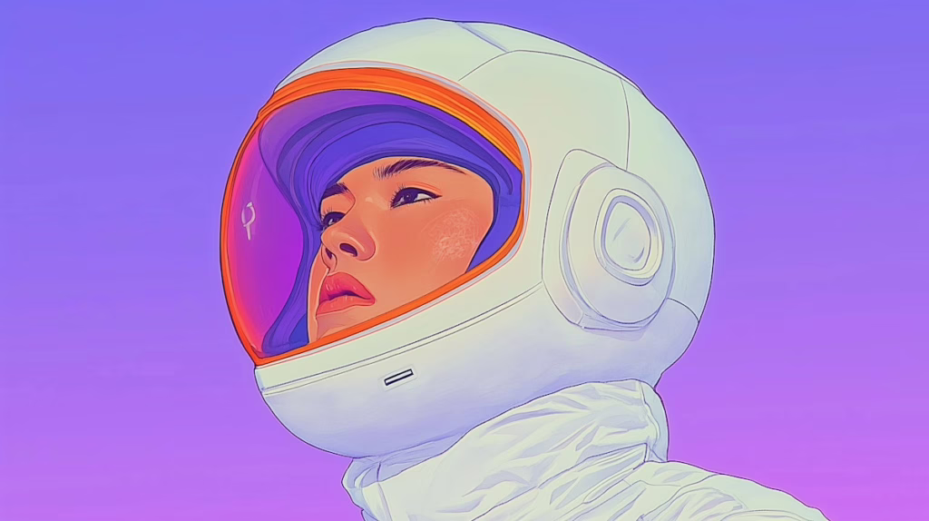 Futuristic Space Helmet Portrait Portrait of a person in a white space helmet against a purple background, representing agile adaptation to shifting Web3 trends.